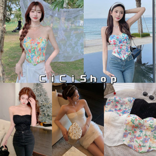 Cicishop(9035)เกาะอกลายดอกไม้/สีพื้น อกทรงหัวใจ ชายเสื้อแต่งโค้งสวยสุดๆงานสวยแซ่บ