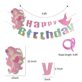 ธงนางเงือกตัวน้อย ธง HAPPYBIRTHDAY​นางเงือกกลิตเตอร์ แก้ว จาน หลอด ใช้ตกแต่งปาร์ตี้