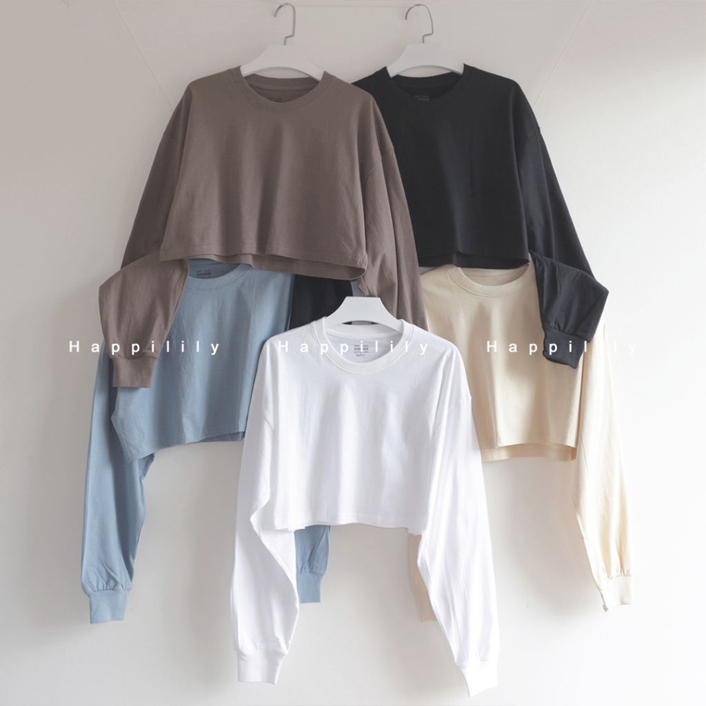 Happilily เสื้อครอปแขนยาวทรง oversize ผ้าcotton100% croptop ทรงสวยน่ารัก