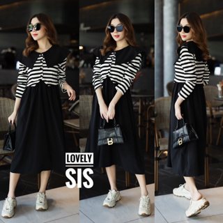 🌈🌿🌺🌸🌼🤎🧡🇰🇷 Cotton Stripe Frill Collar Long Sleeve Patch Long Skirt Maxi Dress