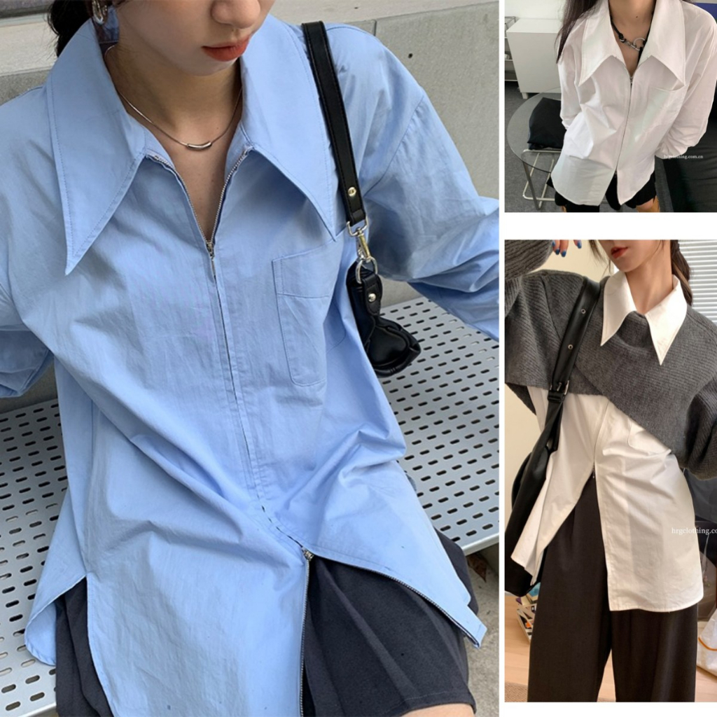 ล้างสต็อก🔥 PBB2901 เสื้อเชิ้ตคอปกแขนยาวแฟชั่นเกาหลีผู้หญิงสีทึบเรียบง่าย เสื้อยาวซิปคู่ขึ้นและลงกระด
