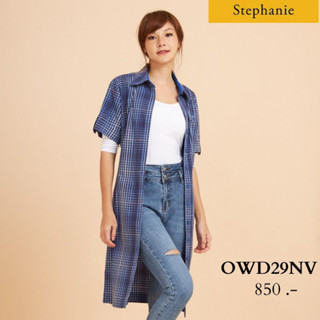 Stephanie  ชุดเดรสลายสก๊อตสีน้ำเงินสลับฟ้า แขนสั้น เนื้อผ้าคอตตอน(OWD29NV)