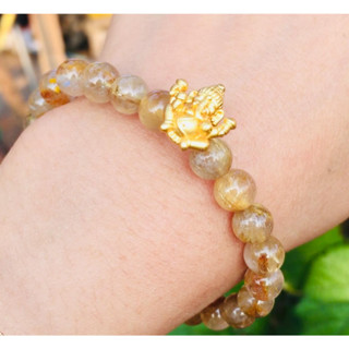 พระพิฒเนศ เงินชุบทอง+กำไลหินนำโชคไหมทอง Goid Rutilated Quartz ขนาด8มิล