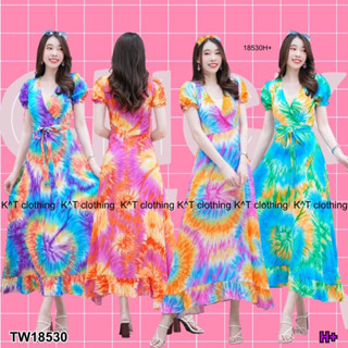 TW18530 Dress เดรสยาว ผ้าสปันลายมัดย้อม