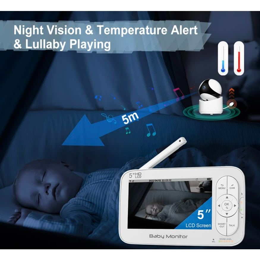 5นิ้วจอภาพวิดีโอเด็กไร้สายอุณหภูมิการตรวจสอบการมองเห็นได้ในเวลากลางคืน Two-Way Intercom Baby Nanny กล้องวงจรปิด