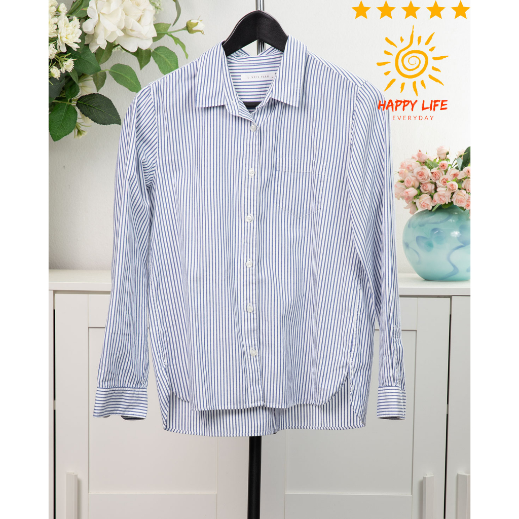 เสื้อมือสอง LOWRYS FARM เสื้อเขิ้ตคอปกแขนยาวน่ารัก กระดุมหน้าผ้าคอตตอนไม่ยืด ใหม่ค่ะ ลายทางสีกรมขาวไซ้ส์M สภาพดี สไลด์ร