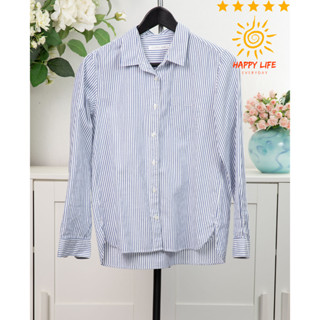 เสื้อมือสอง LOWRYS FARM เสื้อเขิ้ตคอปกแขนยาวน่ารัก  กระดุมหน้าผ้าคอตตอนไม่ยืด ใหม่ค่ะ ลายทางสีกรมขาวไซ้ส์M สภาพดี สไลด์ร