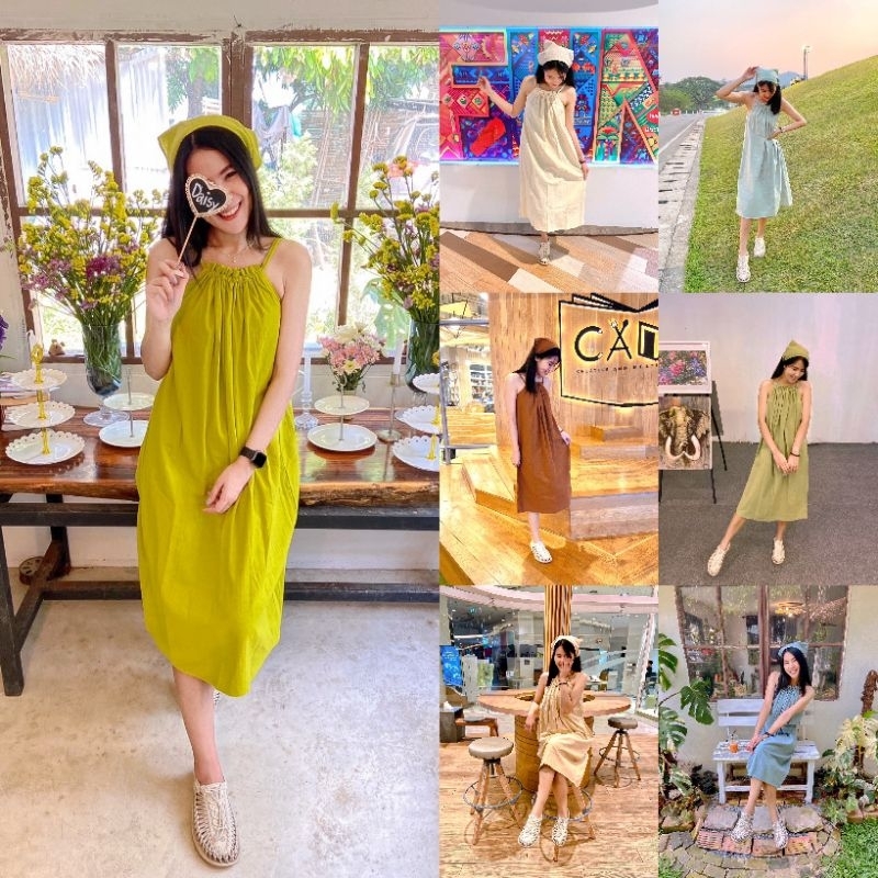 ⚡พร้อมส่ง⚡เดรสสายเดียว เดรสขนมจีบ เดรสสายแคมป์ปิ้ง ไปเที่ยวทะเล style minimal แถมฟรีผ้าโพกผมให้ทุกชุด