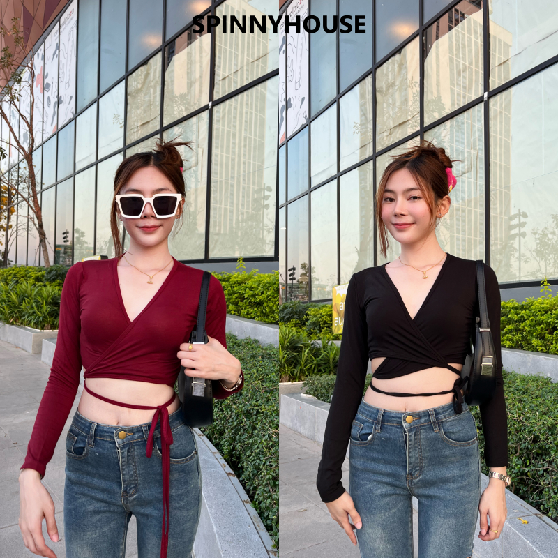 SpinnyHouse เสื้อครอปผูกเอว ดีเทลน่ารัก โชว์เนินสวยแซ่บ CROPTOPผ้าเรยอน ครอปแขนยาว ครอปไขว้อก รุ่น เส้นเล็ก