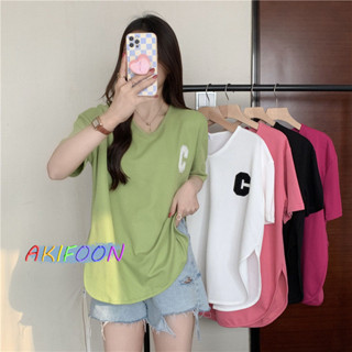 AKIFOON🌷พร้อมส่ง🌷 2386# สไตล์ย้อนยุคเกาหลี เสื้อผ้าสาวอวบ ผญแฟชั่น คอกลม เสื้อโอเวอรไซส์ เสื้อแฟชั่น