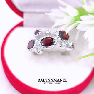 G6422 แหวนพลอยโกเมนแท้ ( Garnet ) ตัวเรือนเงินแท้ 925 ชุบทองคำขาว ไซส์ 55,56 แก้ไซส์ฟรี