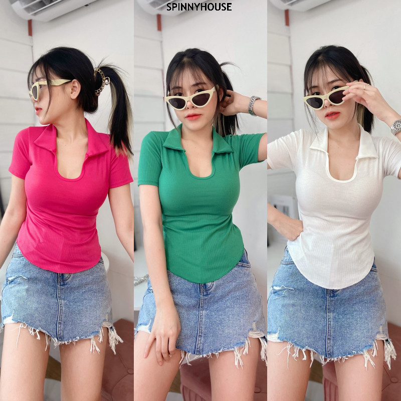 Spinnyhousestudio เสื้อครอป ผ้าร่อง ครอปแขนสั้น เสื้อเกาหลี ทรงคอปกนะค่า น่ารักน้า ต้องมีติดตู้ รุ่น เมเจอร์