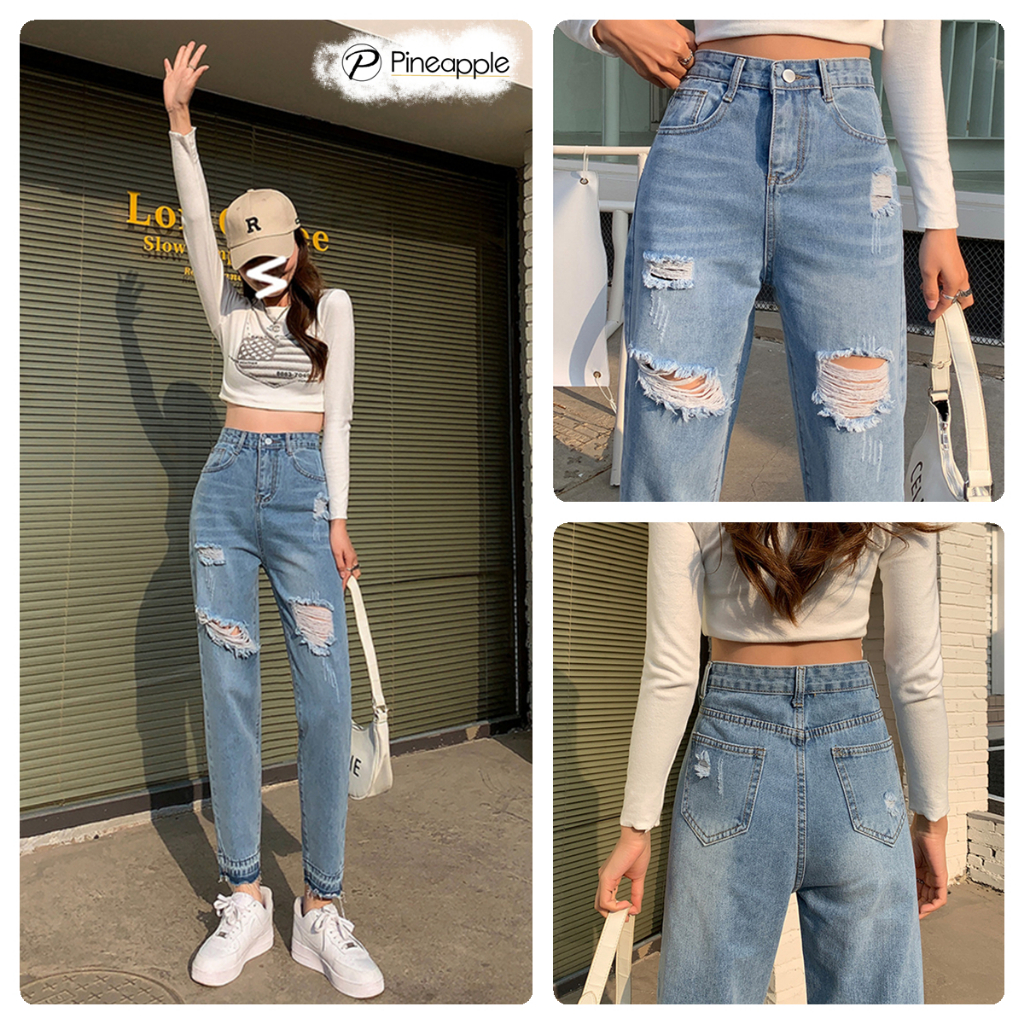 กางเกงยีนส์ ตกแต่งให้ขาดเป็นเส้น เอวสูง เนื้อนิ่มอย่างดี Ripped cropped harem jeans 1001