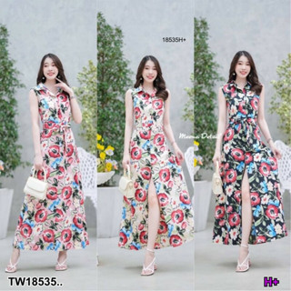 MM18535 เดรสปกเชิ้ตแขนกุด ลายดอกไม้ติดกระดุมสีดำ .sleeveless shirt collar dress Floral pattern with black buttons..