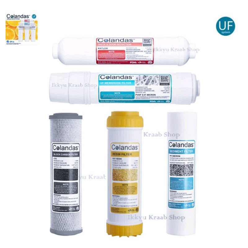 ไส้กรอง Colandas+aquatek UF 0.01 Micron ชุดไส้กรอง UF 5 ขั้นตอน ฟรี ข้องอ 4 ชิ้น