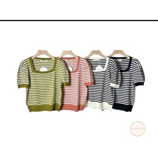 เสื้อยืด คอเหลี่ยม แขนสั้น จับจีบทรงตุ๊กตา ลายริ้วเล็ก เนื้อผ้าไหมพรมนิ่มละลาย อก34-40 ยาว22 งานป้ายvanilas