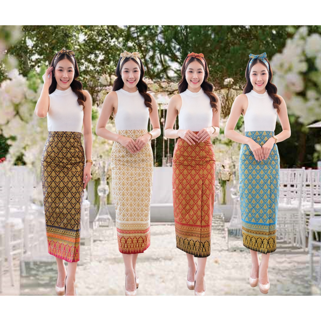 กระโปรงลายไทยประยุกต์ กระโปรงสำเร็จรูป ผ้าไทย ผ้าถุงสำเร็จทบหน้า ซิ่นลายไทย ไปวัด ทำบุญ ลายไทย