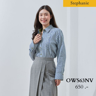 Stephanie เสื้อเชิ้ตแขนสั้นลายทาง สีน้ำเงินตัดสีขาว(OWS63NV)