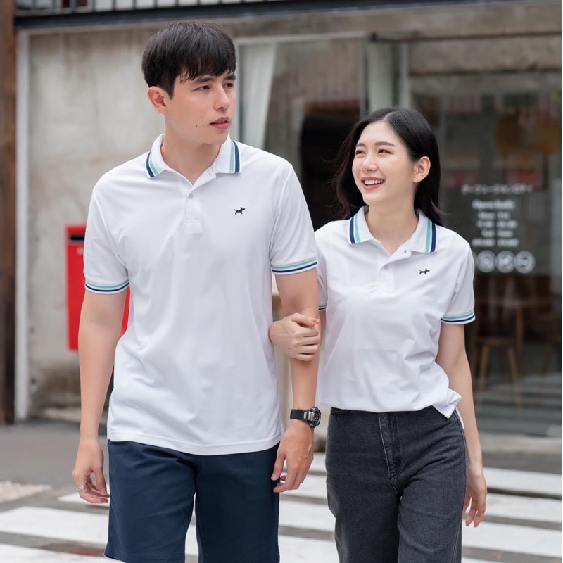 เสื้อโปโล สีขาว รุ่น double line รุ่นใหม่ปกเรียบ เก็บเงินปลายทางได้