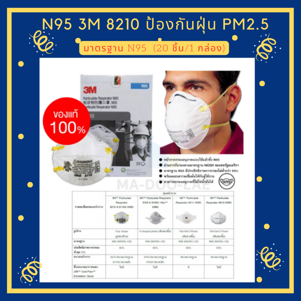 3M 8210 หน้ากากป้องกันฝุ่น PM2.5 มาตรฐาน N95 1 กล่อง / 20 ชิ้น