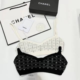 CHANEL CC COCO GLITTER KNITTED TOP BRA เสื้อครอปบรา แบรนด์ชาแนล สายเดี่ยว ตัวหนังสือ CC