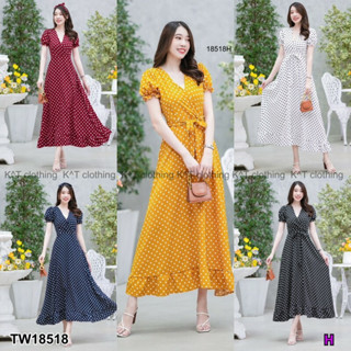 MM18518 เดรสยาวลายจุดแขนพอง + สายผูกเอว Long dresses, blisters + waist tie