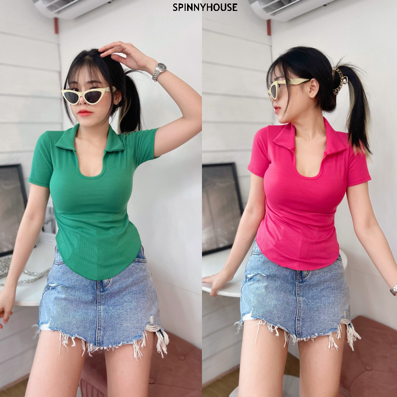 SpinnyHouse เสื้อครอป ผ้าร่อง ไม่คันไม่ร้อน ยืดเยอะ ทรงคอปกนะค่า น่ารักน้า ต้องมีติดตู้ รุ่น เมเจอร์