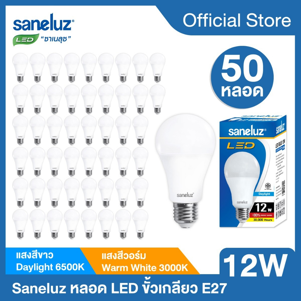 Saneluz 50 หลอด หลอดไฟ LED 12W Bulb แสงสีขาว แสงสีวอร์ม หลอดไฟแอลอีดีหลอดปิงปอง ขั้วเกลียว E27 หลอกไ