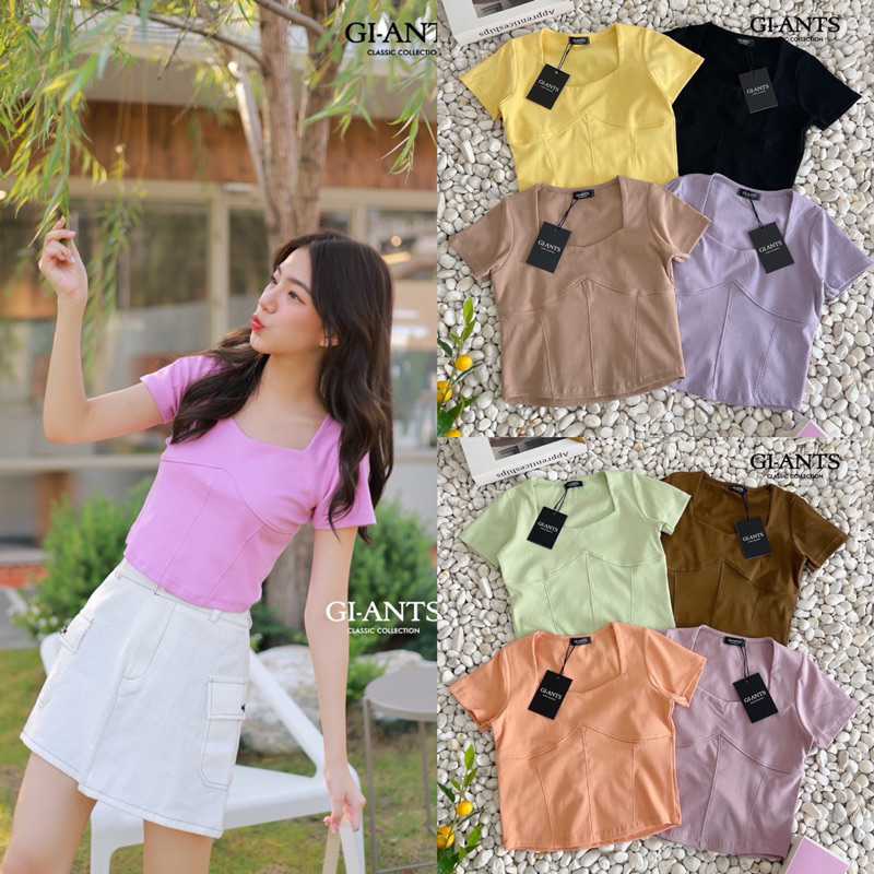 🔥พร้อมส่ง🔥เสื้อยืดครอป คอ5เหลี่ยมแขนสั้นป้ายGi-ants