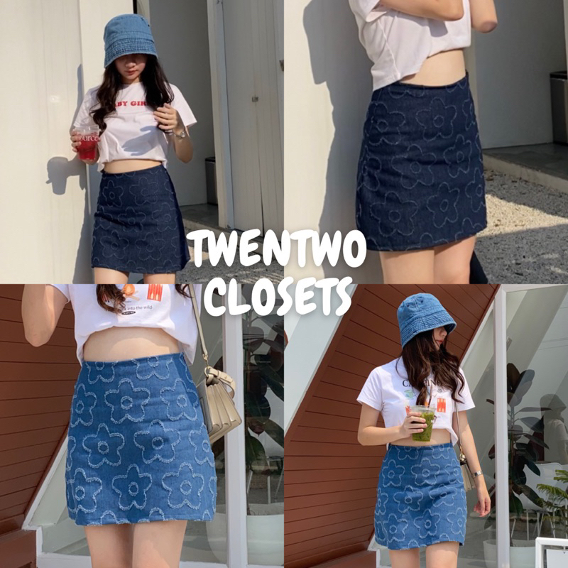 พร้อมส่ง TWENTWO กระโปรงยีนส์สั้นลายดอก ซับในกางเกงใส่สบาย