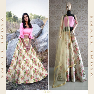 {**ส่งฟรี**} SMALL INDIA 🌷 Zari Satin Printed Work ชุดเซ็ทเสื้อกระโปรง 🌷 Lehenga Choli Set