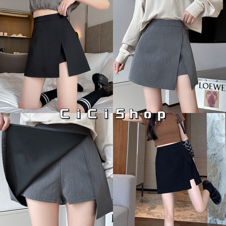 Cicishop(2308)กระโปรงทรงเอ ผ่าหน้า มีซับในเป็นกางเกง ผ้านุ่มลื่น ใส่สบาย สไตล์เกาหลี
