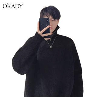 OKADY เสื้อกันหนาวผ้าขนแกะคอสูง ซิปครึ่งหลวมผ้าแขนยาวของผู้ชาย เสื้อผู้ชายนุ่มสบาย เสื้อถักอเนกประสงค์ Pullover เสื้อฤดูหนาวของผู้ชาย