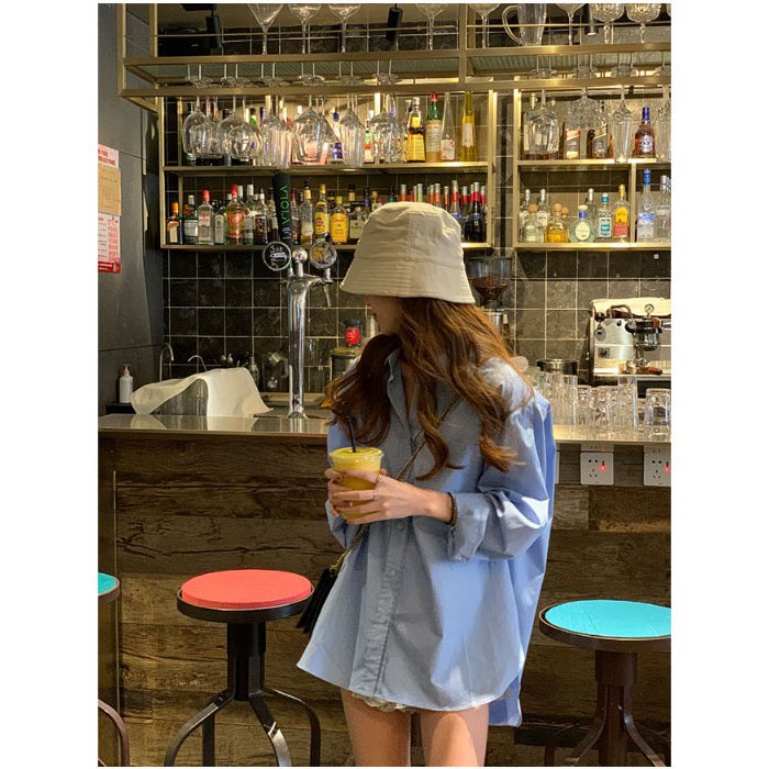 พร้อมส่ง😘PBB2945 เสื้อเชิ้ตคอปกแขนยาวผู้หญิงสีทึบเรียบง่าย oversize shirt เสื้อแบบมีกระเป๋ากระดุมหน้