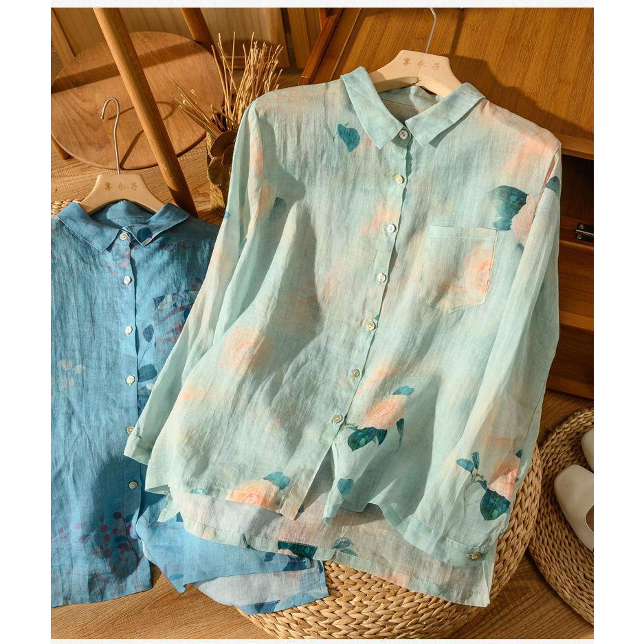 เสื้อเชิ๊ตแฟชั่นผู้หญิง สีเขียวพาสเทลลายดอกคอปก แขนยาว B70