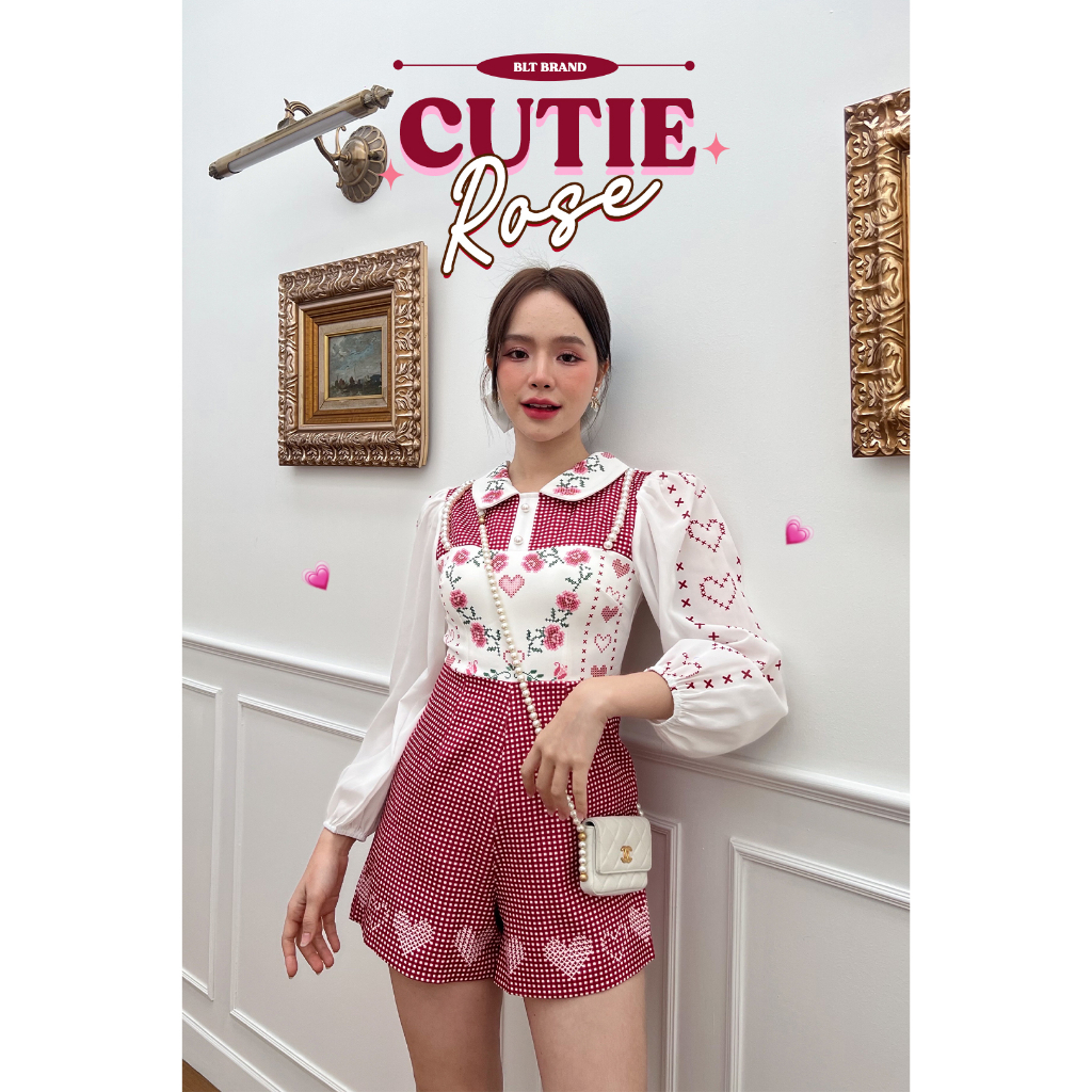 BLT BRAND การันตีเสื้อผ้าแบรนด์แท้ จั๊มสูท เจ้าสก๊อตแดง แขนยาว ลายดอกไม้และลายหัวใจ มีคอปก ปักมุกคอก