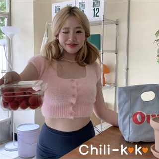 Chili_k❤️k❤️✨พร้อมส่ง✨เสื้อครออปไหมพรมแขนสั้น เสื้อครอปท็อปแขนสั้น คอสี่เหลี่ยม ผ้ากํามะหยี่ขนนิ่ม สําหรับผู้หญิง 9323-8