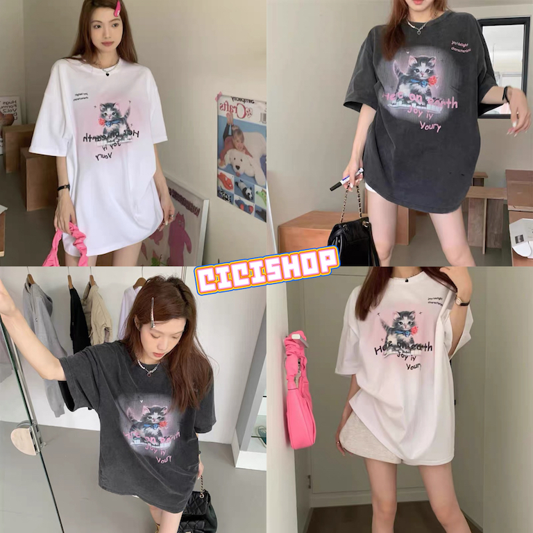Cicishop(T8750)T-shirt Oversize เสื้อยืดโอเวอร์ไซส์พิมพ์ลายน้องแมว ใส่แมตช์ง่ายชิคๆชิลๆ