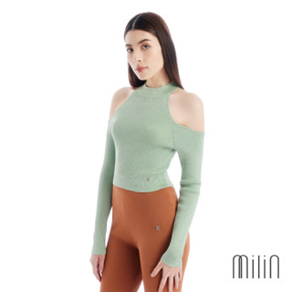 [MILIN] Yummy Top High neckline cold shoulder knitted  long sleeves cropped top เสื้อครอปทอนิตติ้งคอสูงเว้าไหล่แขนยาว