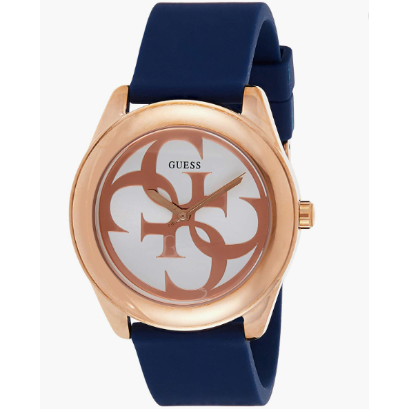 Guess Watches Guess Ladies Rose Gold Watch White Logo Dial And Blue Silicone Strap W0911L6