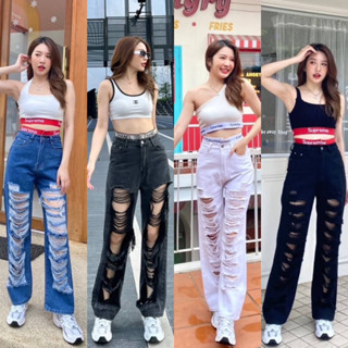 Order Volume jeans กางเกงยีนส์เอวสูงทรงกระบอกใหญ่แต่งขาดเยอะเซอร์แต่งขอบเอวเท่ๆ jeansdede