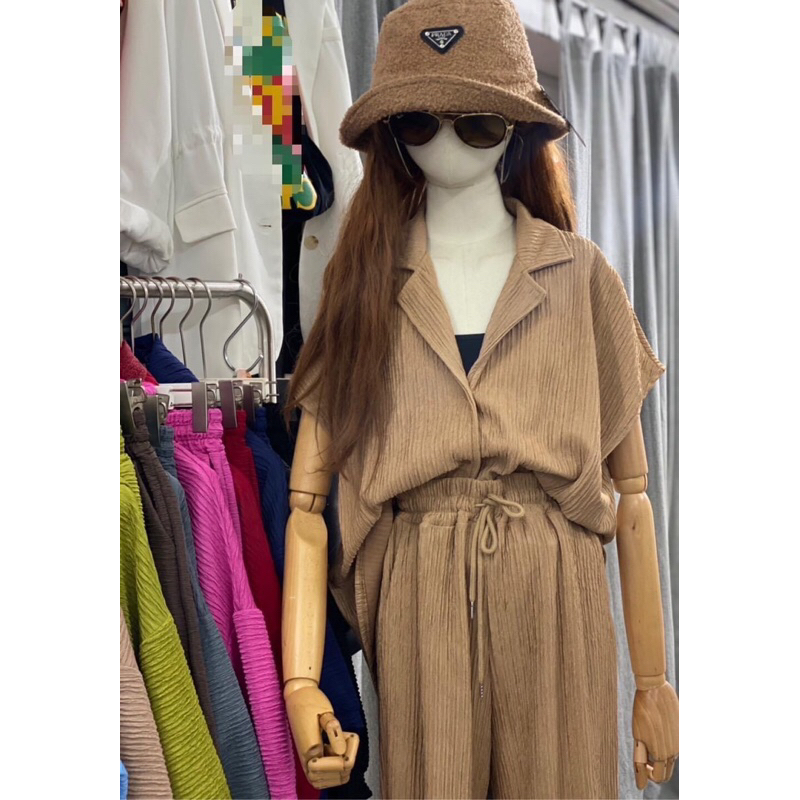 AvaShop9Clothes - ชุดเซ็ตเสื้อเชิ้ตกรดุมหน้าอัดพลีทเข้ากับกางเกงขายาว ใส่สบายมากค่า