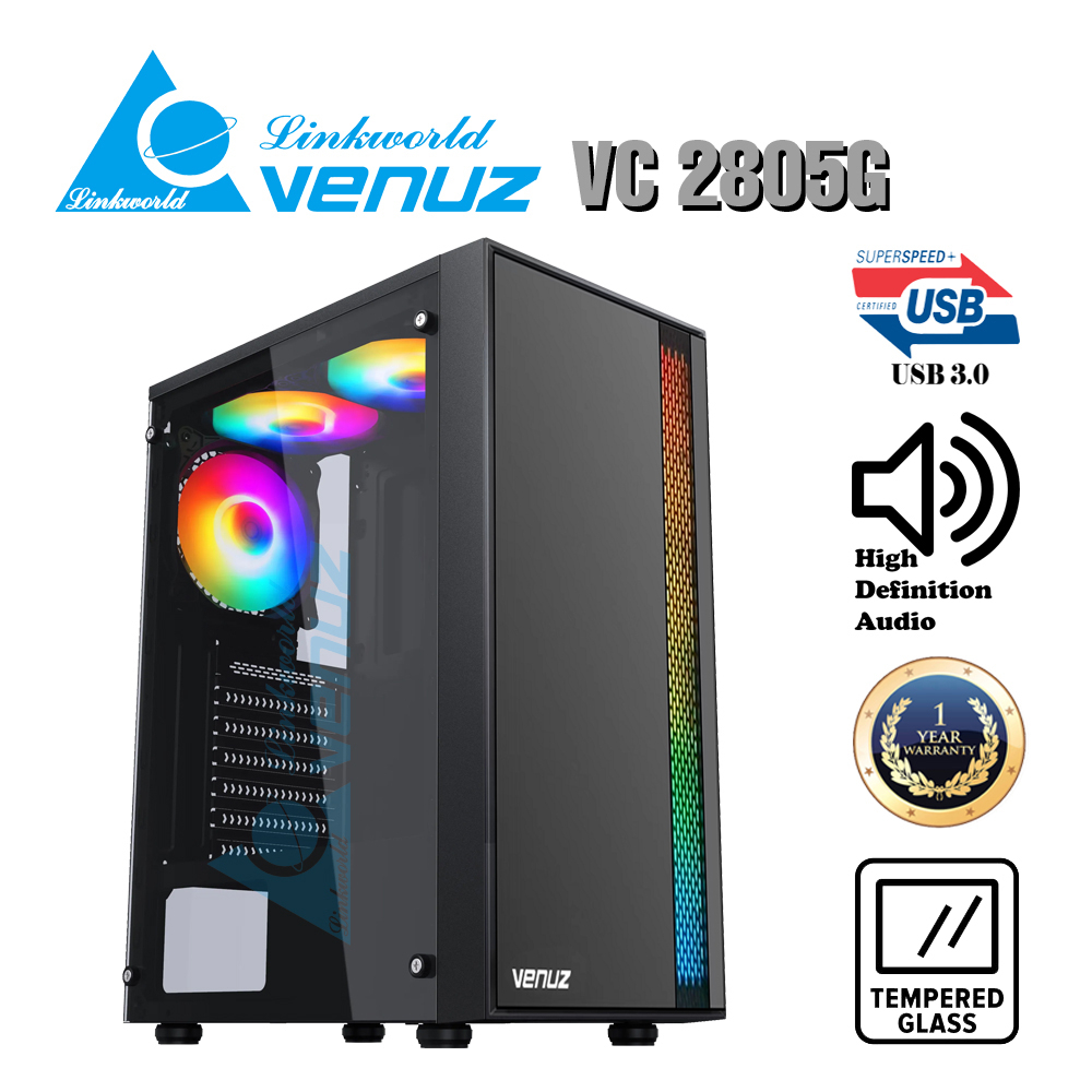 VENUZ ATX Tempered Glass Gaming Case VC2805G with LED RGB Strip &amp; RGB Fan x 3 – Black
