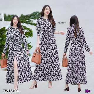 TwinsShopVip💗พร้อมส่ง TW18499 แม็กซี่เดรสเชิ้ตกระดุมหน้าพิมพ์ลาย ผูกเอว ..