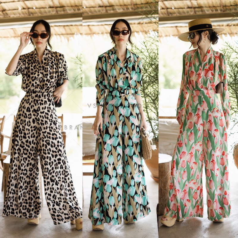 🏷VSHOPBRAND #4998 #5104-1 Setเสื้อคอวีกระดุมหน้า+กางเกงขาบาน ชุดออกงาน ชุดลายเสือ