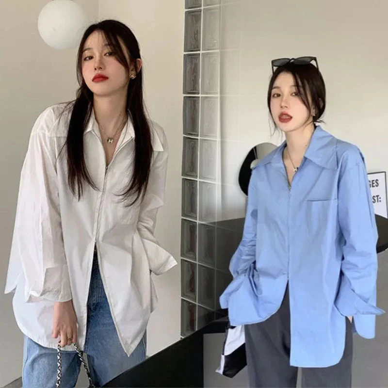เสื้อเชิ้ตแขนยาวผู้หญิง Oversize เสื้อดีไซน์ใหม่มีซิปและคอปกขนาดใหญ่ เสื้อผ้าแฟชั่นโอเวอร์ไซส์เกาหลี ทรงหลวม ยาวปานกลาง thumbnail 10