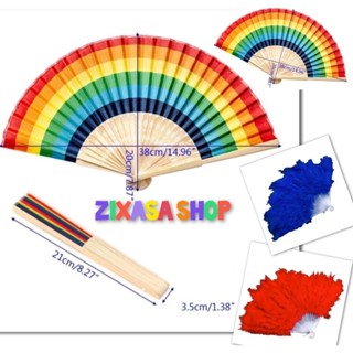 รับไว1-2วัน*พัดสีรุ้งแฟนซี.พับได้วัสดุไม้