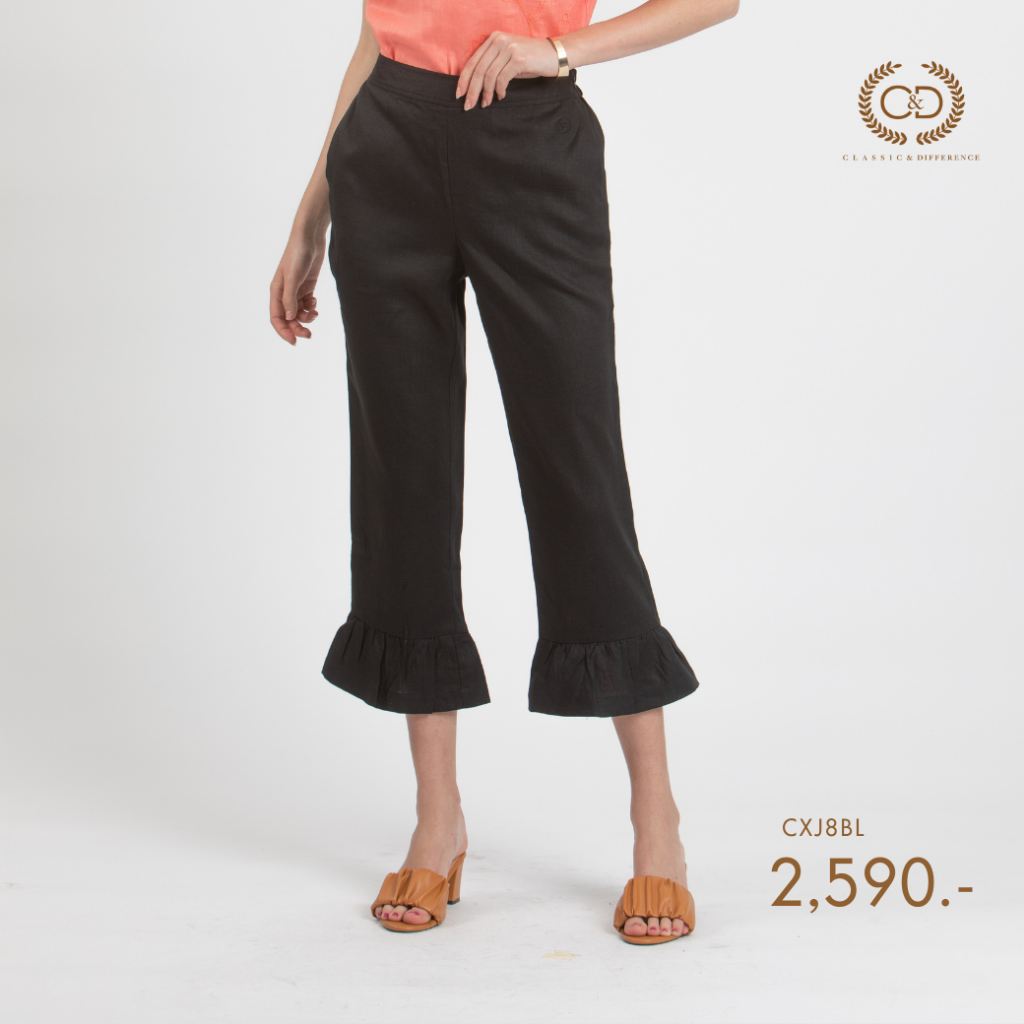 C&D Linen Pants ทรง Ruffle Pants ขายาวห้าส่วน เนื้อผ้าลินินพรีเมี่ยม (CXJ8BL)