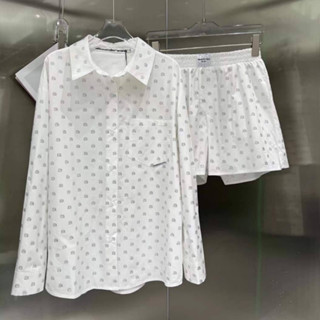 ALEXANDER WANG WOMENS WHITE BOYFRIEND SHIRT AND SHORTS SET WITH RHINESTON MONOGRAM ชุดเข้าเซ็ต แบรนด์อเล็กซานเดอร์แวง