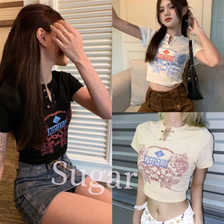 Sugar🌈พร้อมส่ง🌈เสื้อครอป แขนสั้น+แขนยาว มีเข็มกัด รัดรูปใส่สบาย ผ้านิ่ม(627)